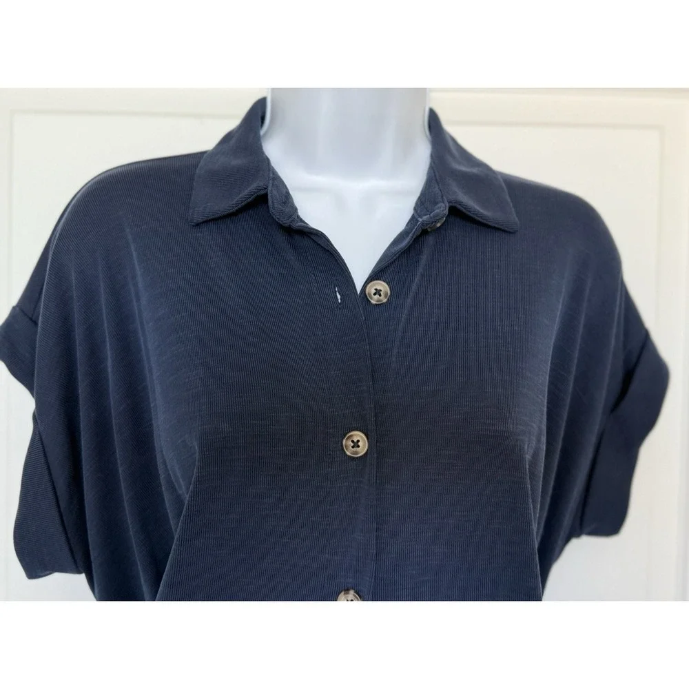 Ann Taylor LOFT Full Button Twist Tie Waist Stretch Shirt Midi Dress Navy Sz 10P